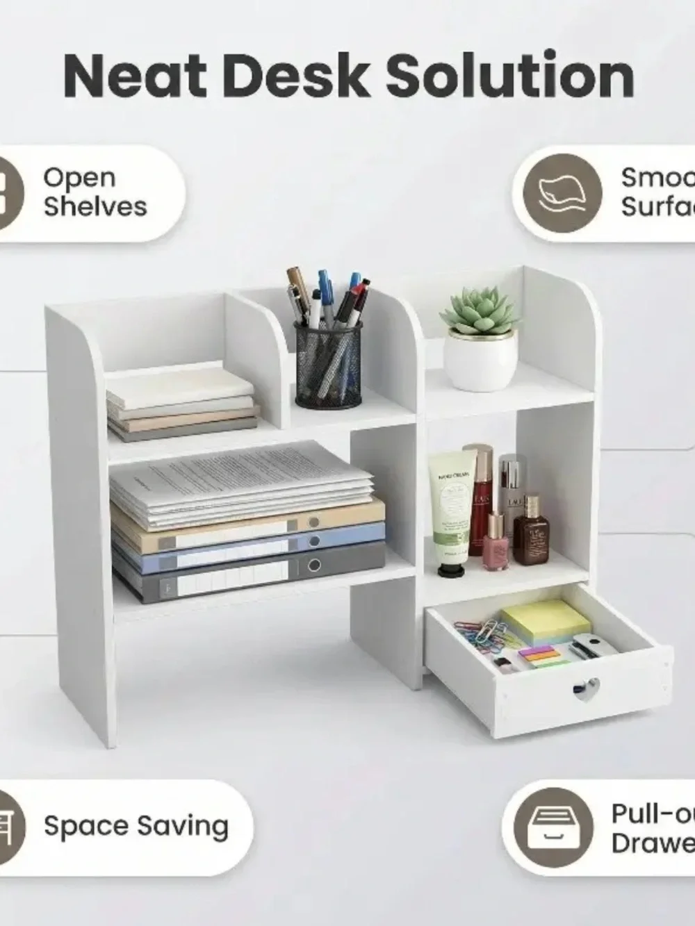 Layered Desktop Storage Rack with Drawers & Multi-Compartment, No-Tools-Needed